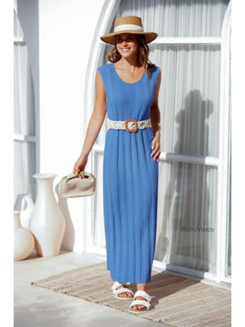 Sleeveless Ribbed Knit Tank Maxi Dress Scoop Neck Summer Casual - Picture 3 of 6